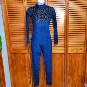 Blue Velvet-y Mesh Costume Theme Party Dance Stage Bodysuit O/S